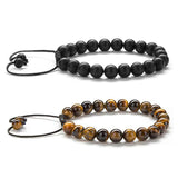 Tiger Eye & Matte Black Agate Couple Bracelets – Elegant Natural Stone Jewelry for Him & Her