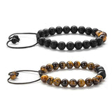 Tiger Eye & Matte Black Agate Couple Bracelets – Elegant Natural Stone Jewelry for Him & Her