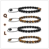 Tiger Eye & Matte Black Agate Couple Bracelets – Elegant Natural Stone Jewelry for Him & Her