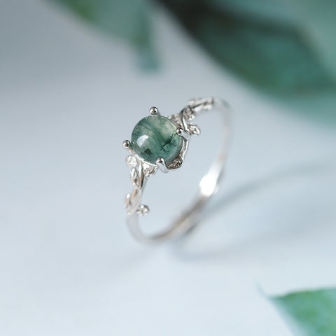 S925 Silver Green Moss Agate Stone Ring – Elegant Water Plant Design Finger Ring for Women