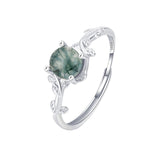 S925 Silver Green Moss Agate Stone Ring – Elegant Water Plant Design Finger Ring for Women