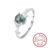 S925 Silver Green Moss Agate Stone Ring – Elegant Water Plant Design Finger Ring for Women