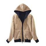 Women's Fashion Long Sleeve Zipper Hooded Plush Composite Coat With Drawstring Solid Color Plush Soft Comfortable Overcoat