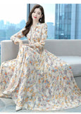 Autumn New Fashion Floral High Waisted Slimming Dress Simple V-neck Drawstring Patchwork Long Sleeved High-end A-line Dresses