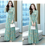 Autumn New Fashion Floral High Waisted Slimming Dress Simple V-neck Drawstring Patchwork Long Sleeved High-end A-line Dresses