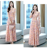 Autumn New Fashion Floral High Waisted Slimming Dress Simple V-neck Drawstring Patchwork Long Sleeved High-end A-line Dresses