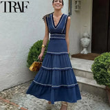 TRAF Women Dresses Summer Tassel Sleeveless Long Dresses Vintage Embroidery Elegant Party Dresses Pleated Bodycon Midi Dresses