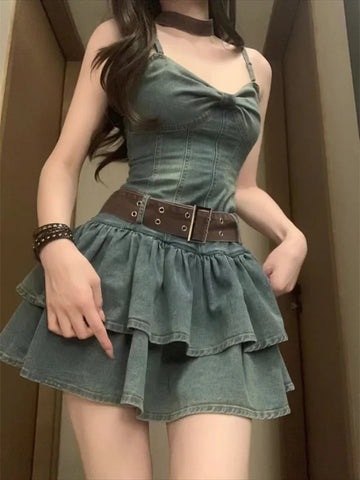 2023 summer Korean fashion sexy sweet Aword cute bow sleeveless dress retro cowboy sweet spicy pure wind chest dresspompousskirt