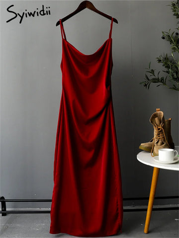 Syiwidii Luxury Red Silk Dresses for Women Sleeveless Spaghetti Strap Side Split Evening Elegant Midi Satin Combination Dress