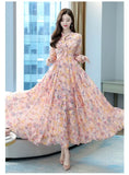 Autumn New Fashion Floral High Waisted Slimming Dress Simple V-neck Drawstring Patchwork Long Sleeved High-end A-line Dresses