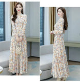 Autumn New Fashion Floral High Waisted Slimming Dress Simple V-neck Drawstring Patchwork Long Sleeved High-end A-line Dresses