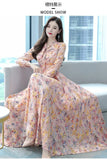 Autumn New Fashion Floral High Waisted Slimming Dress Simple V-neck Drawstring Patchwork Long Sleeved High-end A-line Dresses