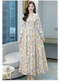 Autumn New Fashion Floral High Waisted Slimming Dress Simple V-neck Drawstring Patchwork Long Sleeved High-end A-line Dresses