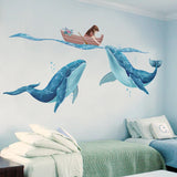 Cartoon Girl Whales Wall Sticker DIY Creative Seagrass Plants Mural Decals for Kids Rooms Baby Bedroom Nursery Home Decoration