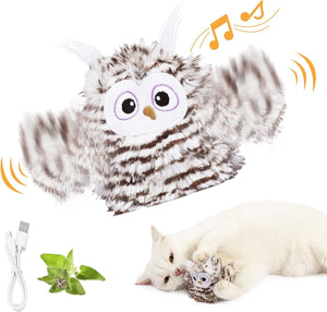 Interactive Cat Toy – Rechargeable Automatic Chirping Owl with Catnip, Beating Wings, and Flying Bird Motion for Indoor Cats