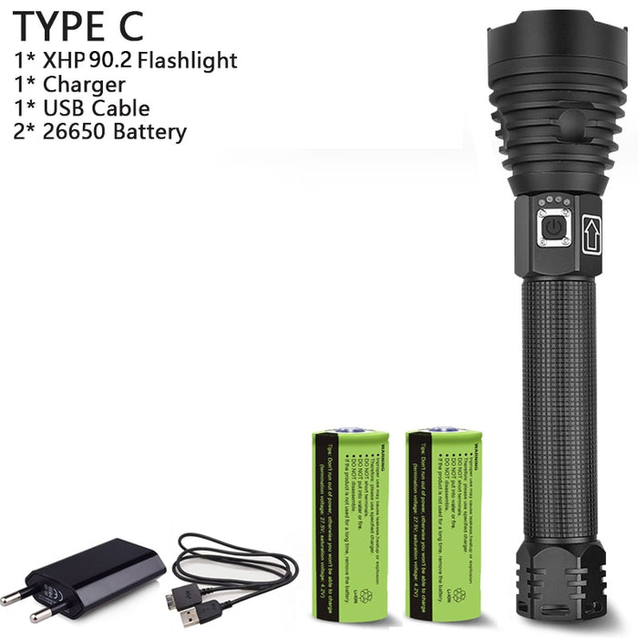 250000cd 1000m XHP90.2 most powerful led flashlight usb Zoom Tactical torch xhp50 18650 or 26650 Rechargeable battery hand light