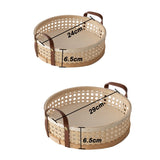 Hand-Woven Round Rattan Storage Basket Wicker Plate Fruit Snacks Serving Tray with Leather Handle