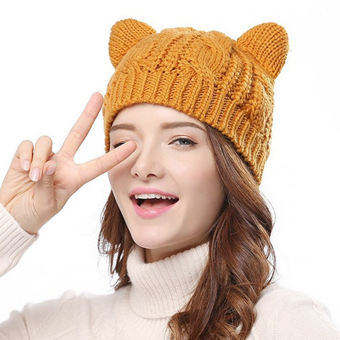 Stylish Bear Cat Ears Cute Hats for Women Brand Knitting Warm Korean Lovely Beanies Winter Knitted Cap Valentine's Day Gift
