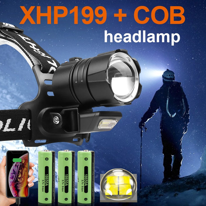 Newest XHP199 Rechargeable LED Most Powerful Headlamp USB XHP160 LED Headlight 18650 Head Lamp XHP90 Waterproof Head Flashlight