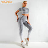 GUTA Women Yoga Sets Yoga Short Sleeve High Waist Sport Leggings Gym Set Yoga Clothes Sports Suit Fitness Top Shirt yoga suit