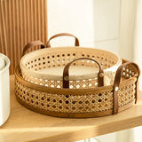 Hand-Woven Round Rattan Storage Basket Wicker Plate Fruit Snacks Serving Tray with Leather Handle