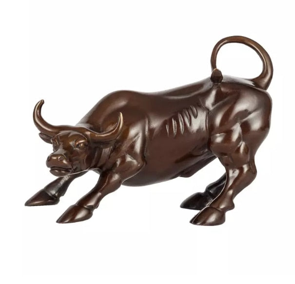 YuryFvna 3 Sizes Golden Wall Street Bull OX Figurine Sculpture Charging Stock Market Bull Statue Home Office Decoration Gift