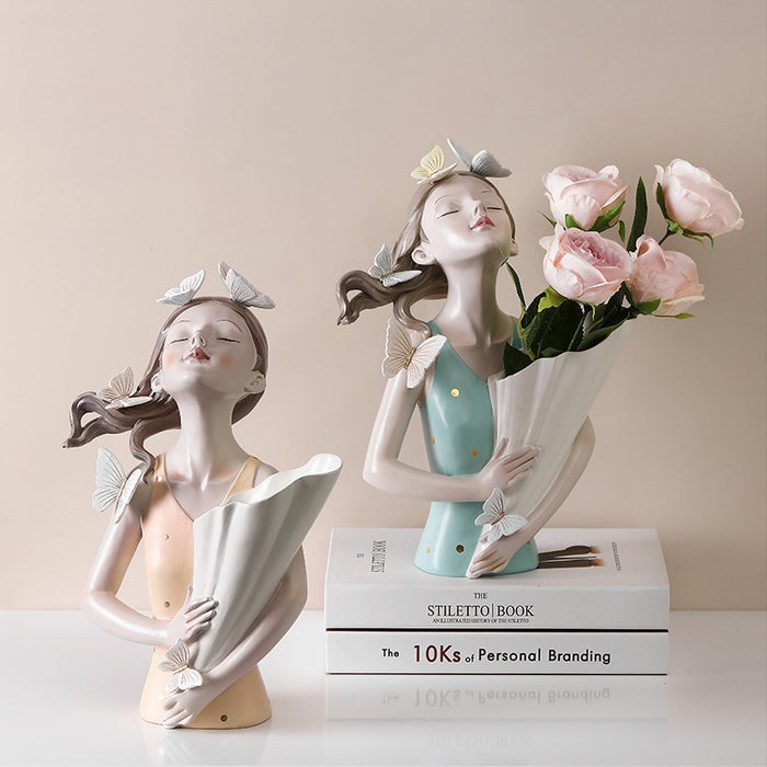 Modern Decorative Artificial Flower Vase  Butterfly Girl Sculptures Interior Home Resin Ornaments Household Decoration Vases Hot